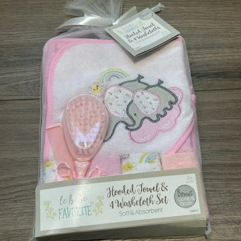 Pink Hooded Towel & Washcloth Set with Brush